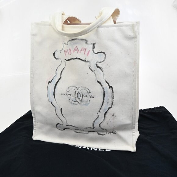 CHANEL CC Logo Cruise Line Miami Shoulder Tote Bag Canvas White - Picture 2 of 16